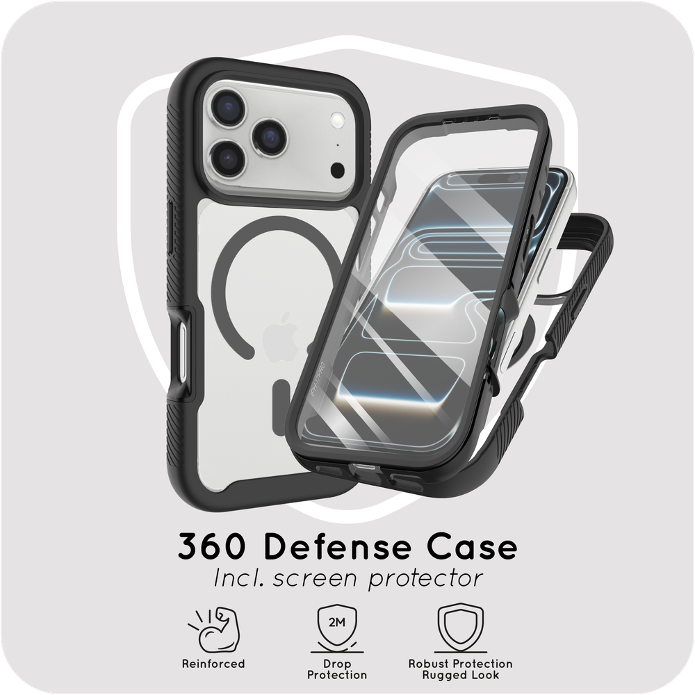 360 Defense Case - iPhone 18 Pro / 17 Pro - Full Body Protection with Built-in Screenprotector - Magsafe Compatible - Black