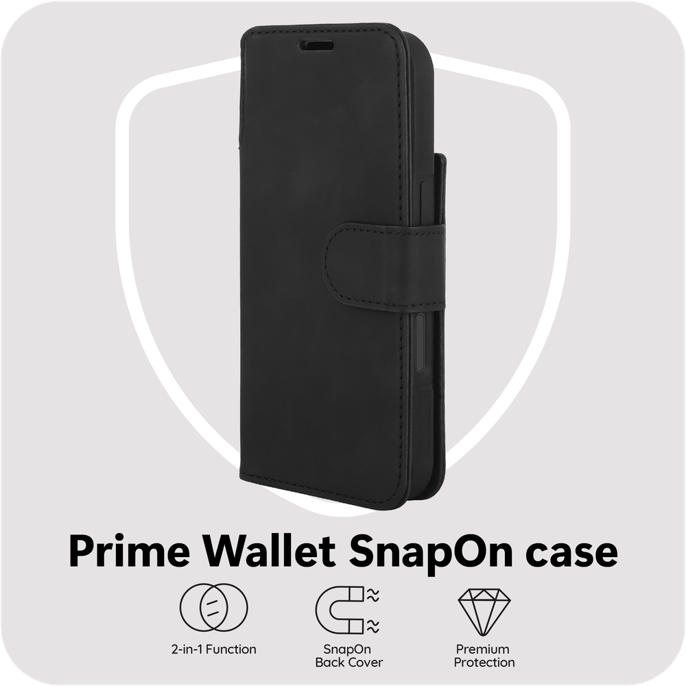 PrimeWallet SnapOn Case - iPhone 17 Pro - Detachable PU leather Wallet Case - (compatible with MagSafe) - Black