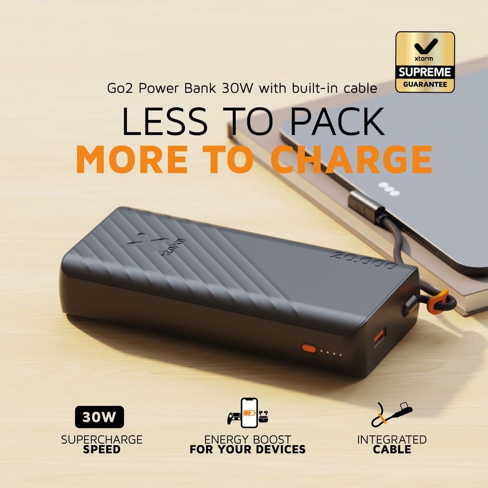 Xtorm 30W Go2 Evolution FastCharge Powerbank 20.000 mAh - Built-in Cable - Antraciet - XG2E30W201C