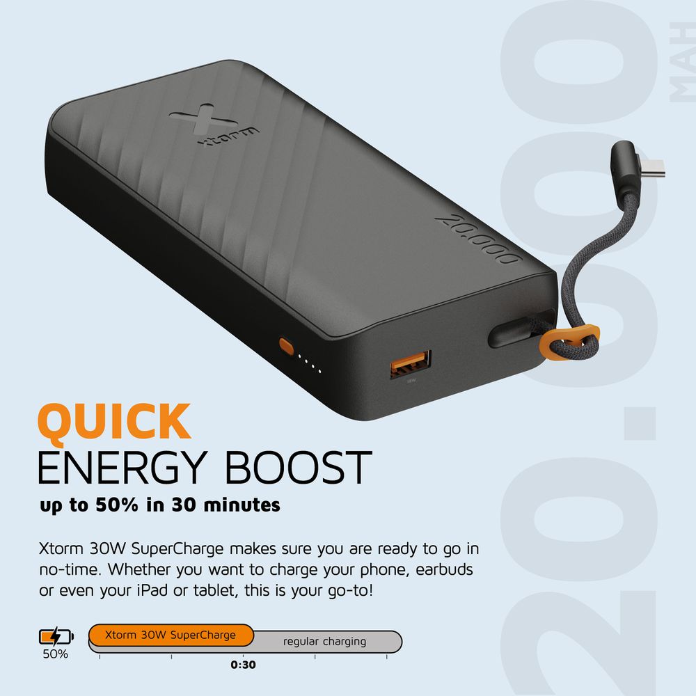 Xtorm 30W Go2 Evolution FastCharge Powerbank 20.000 mAh - Built-in Cable - Ice White - XG2E30W207C