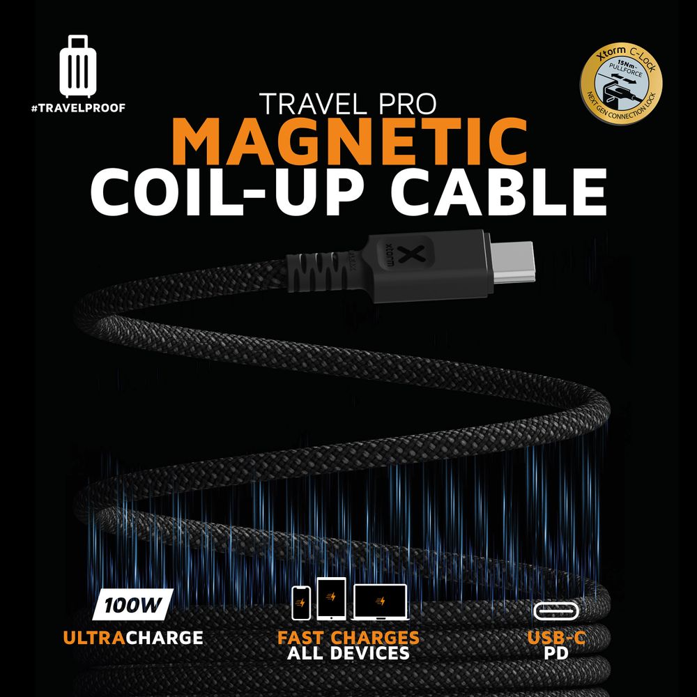 Xtorm TravelPro Magnetic USB-C PD Cable 100W - Zwart - 1m - CMT011